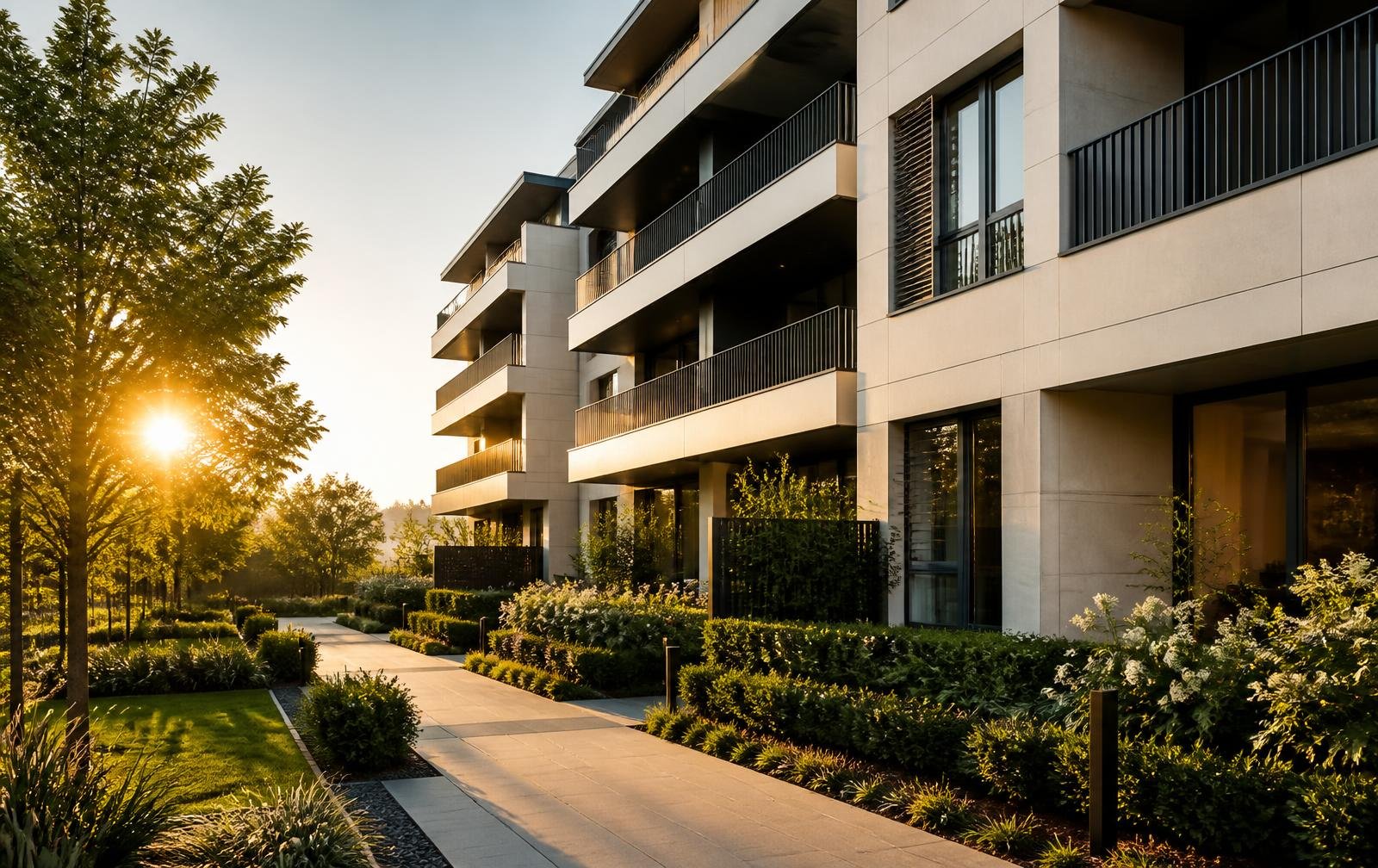 Well-maintained modern residential building with landscaped garden at golden hour