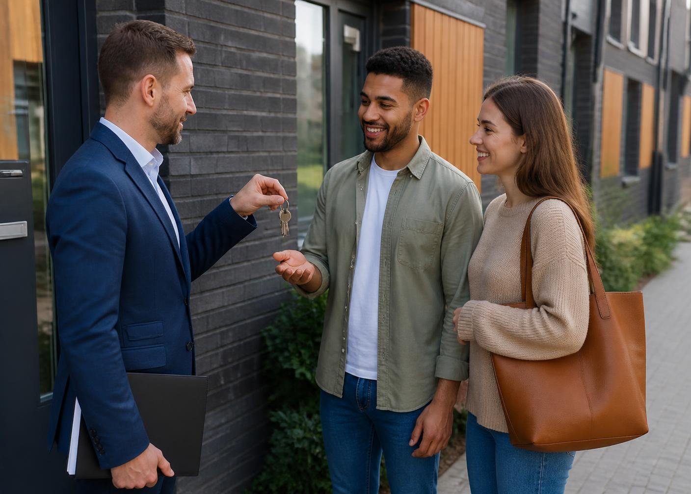 Property manager handing keys to new residents outside a modern home